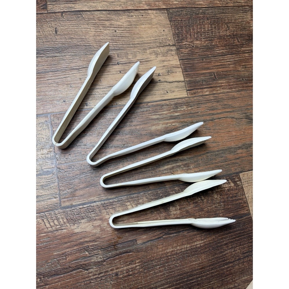 Tongs Salad Servers White Melamine USA Utensil Vintage Set Of 4